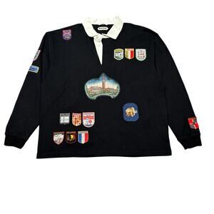 BODE Passport Patch Rugby Polo Shirt 100% Cotton Black Mens XL Preppy SOLDOUT